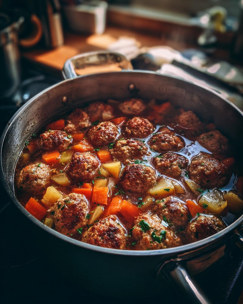 Close-up of a pot of Albondigas Soup with meatballs, carrots, and potatoes, ready to serve.