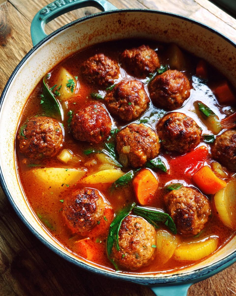Close-up of a pot of Albondigas Soup with meatballs, vegetables, and broth.