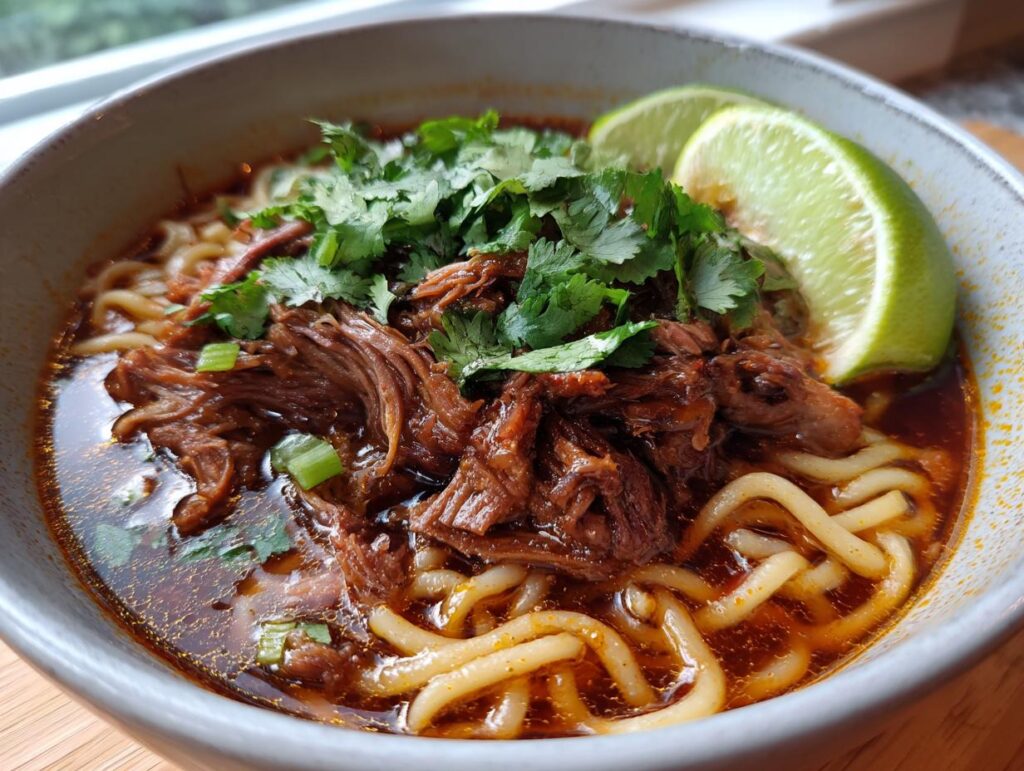 Close-up of a bowl of Birria Ramen, featuring tender beef, noodles, cilantro, and lime wedges.