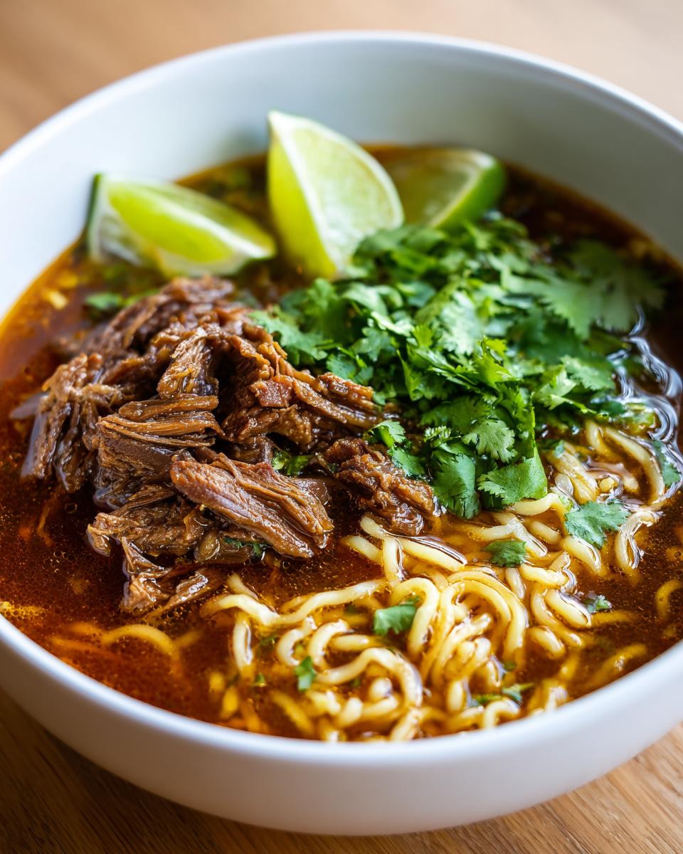 Amazing Birria Ramen: 3 Hour Flavor Bomb 2 Close-up of a bowl of Birria Ramen with beef, noodles, cilantro, and lime wedges.