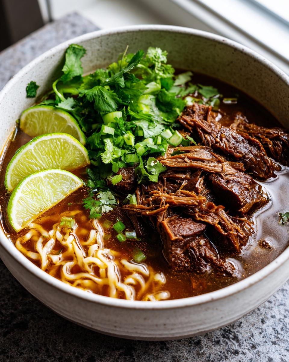 Amazing Birria Ramen: 3 Hour Flavor Bomb 3 Close-up of a bowl of Birria Ramen with beef, noodles, lime, and cilantro, the primary keyword is Birria Ramen.