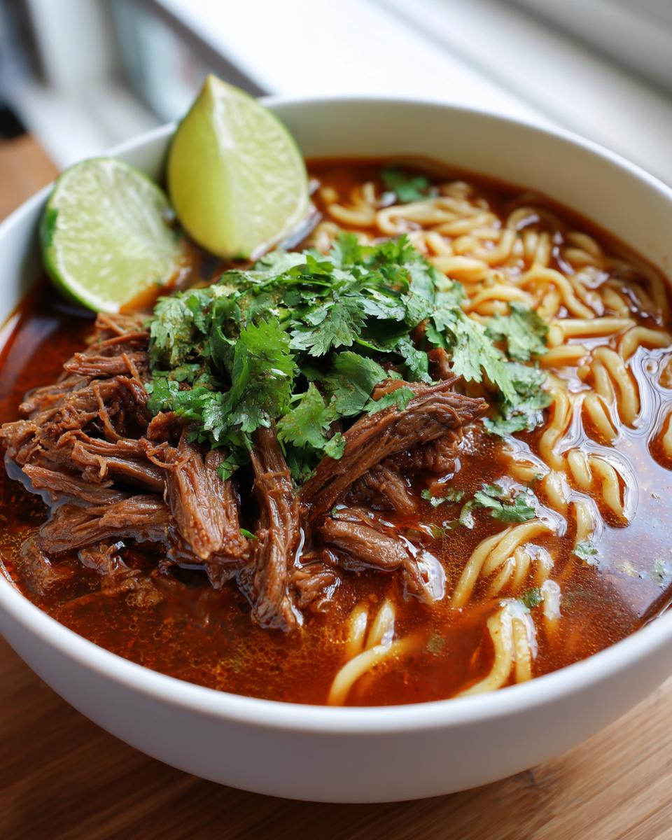 Amazing Birria Ramen: 3 Hour Flavor Bomb 1 Close-up of a bowl of Birria Ramen with beef, noodles, cilantro, and lime wedges.