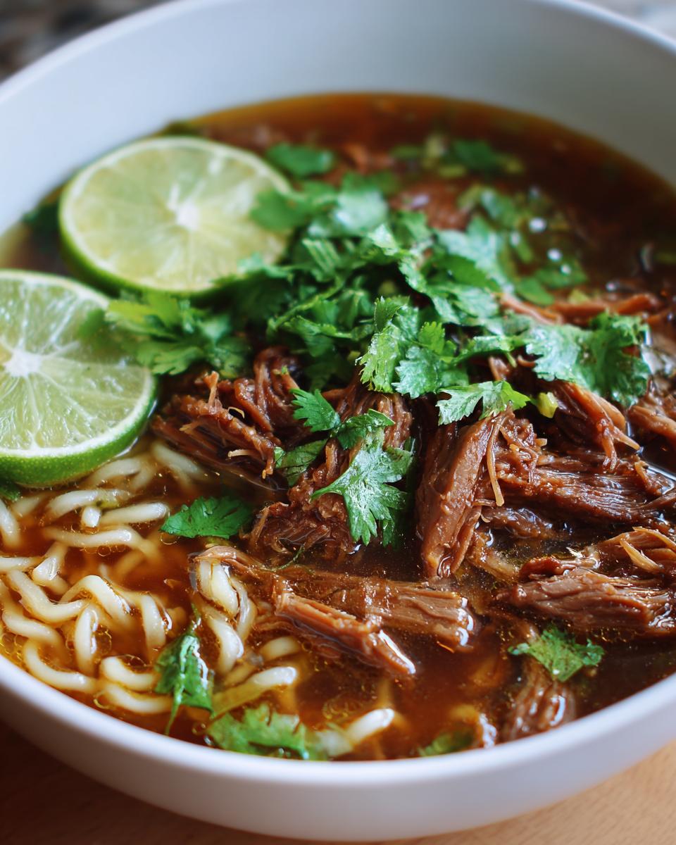 Amazing Birria Ramen: 3 Hour Flavor Bomb 4 Close-up of a bowl of Birria Ramen with beef, noodles, lime slices, and cilantro.