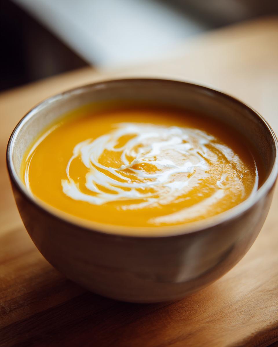 Amazing Buttercup Squash Soup: 1 Hour Comfort 2 Close-up of a bowl of creamy Buttercup Squash Soup, garnished with cream.