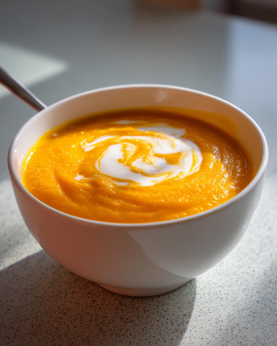 Amazing Buttercup Squash Soup: 1 Hour Comfort 3 Bowl of creamy Buttercup Squash Soup with a swirl of cream, perfect for a cozy meal.