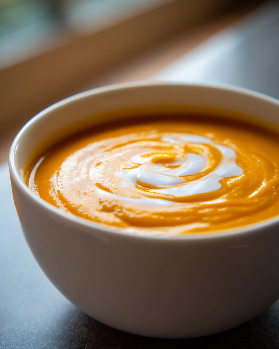 Amazing Buttercup Squash Soup: 1 Hour Comfort 4 Close-up of a bowl of creamy Buttercup Squash Soup, garnished with a swirl of cream.