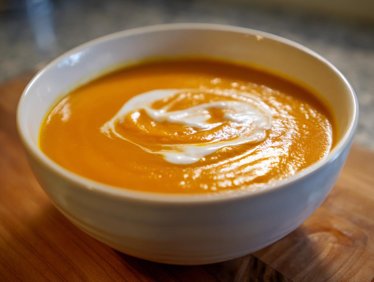 A bowl of creamy Buttercup Squash Soup, garnished with a swirl of cream.