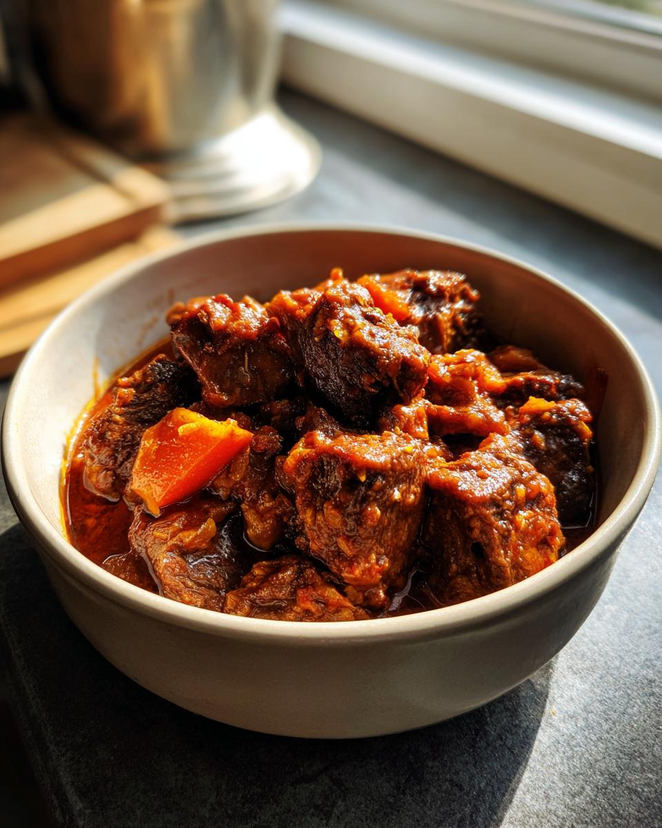 Close-up of Carne Guisada, a traditional beef stew, in a white bowl.