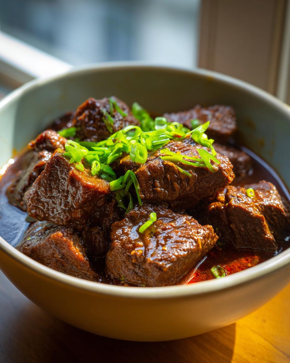 Close-up of Carne Guisada in a bowl, garnished with green onions.