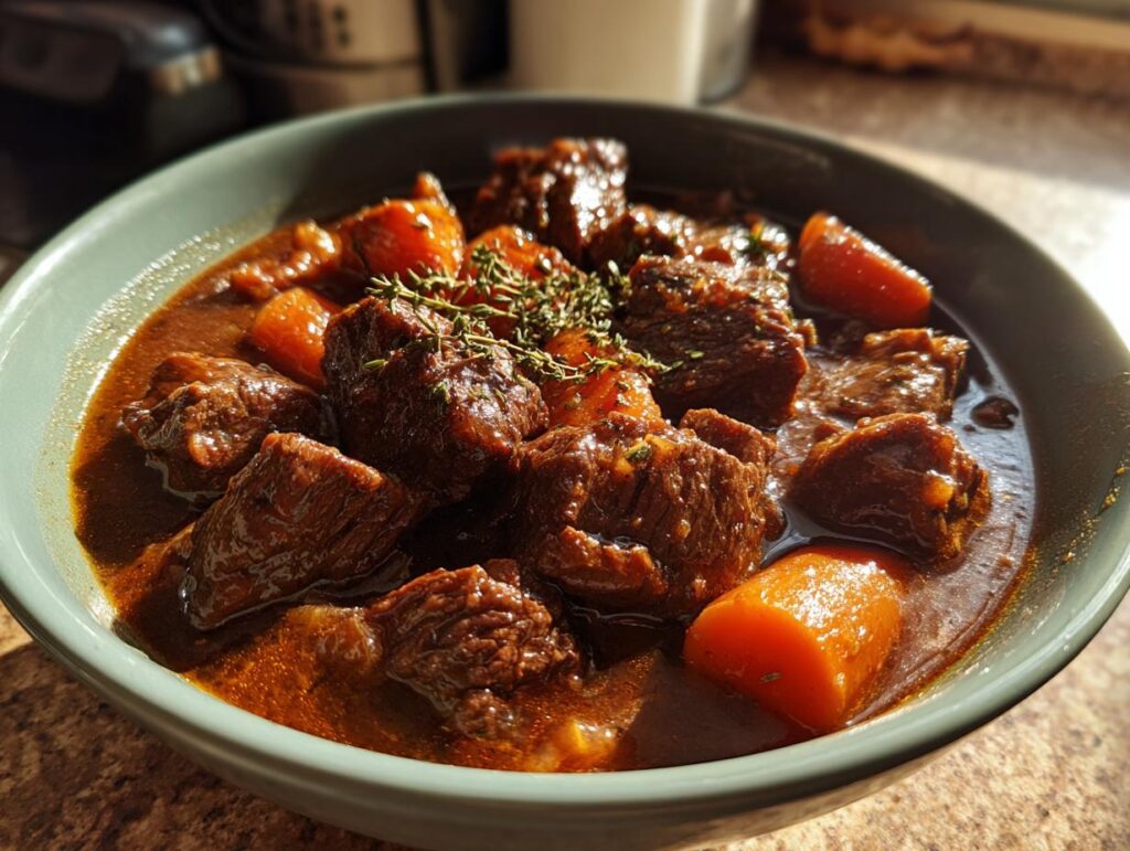 Close-up of Carne Guisada in a bowl, with beef, carrots, and herbs.