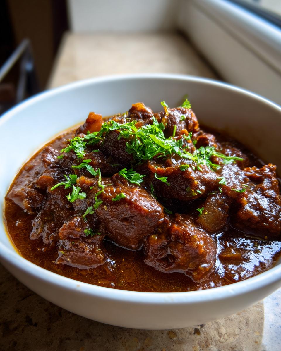 Close-up of Carne Guisada in a white bowl, garnished with fresh herbs, showcasing the rich, savory stew.