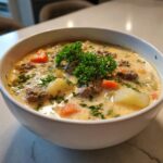 A bowl of delicious creamy Cheeseburger Soup with ground beef, potatoes, carrots, and parsley.
