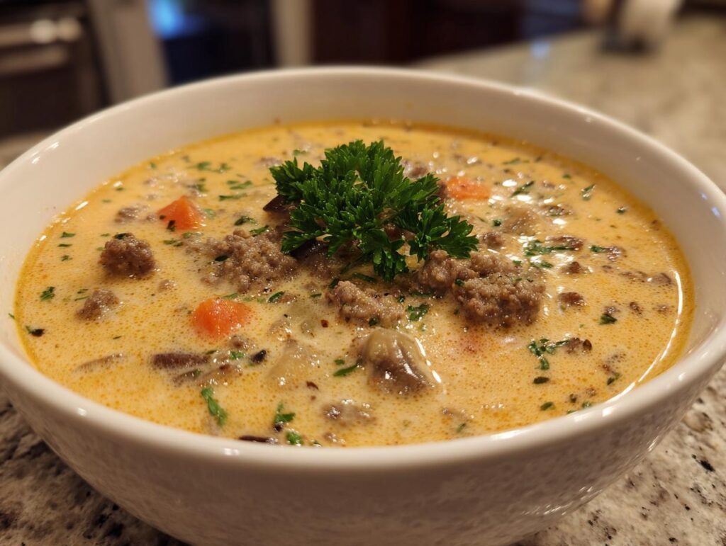 Close-up of a bowl of creamy Cheeseburger Soup, garnished with parsley.