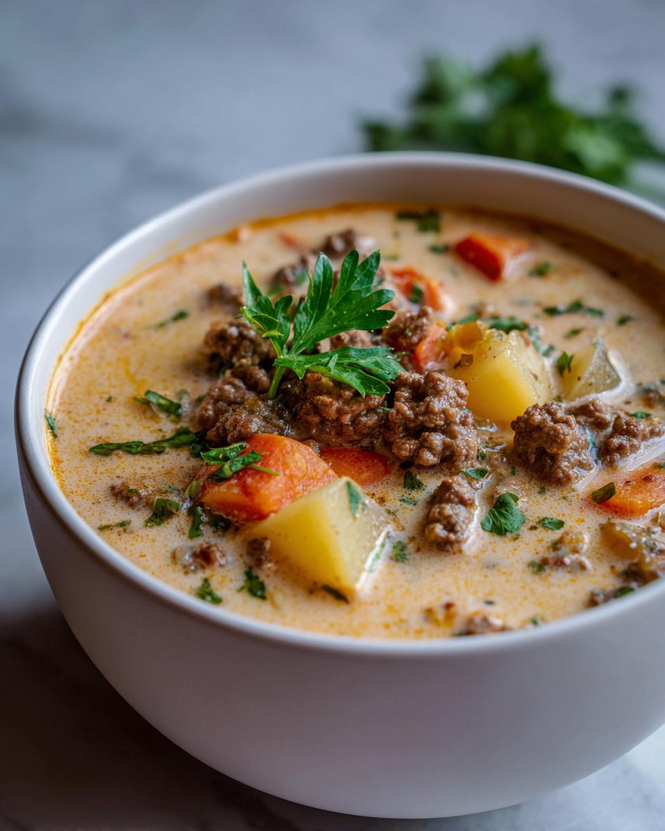 Close-up of a bowl of creamy Cheeseburger Soup with ground beef, potatoes, carrots, and parsley garnish.