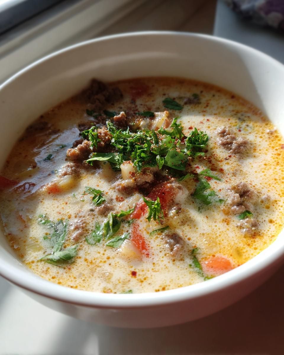 Close-up of a bowl of creamy Cheeseburger Soup, garnished with fresh herbs.
