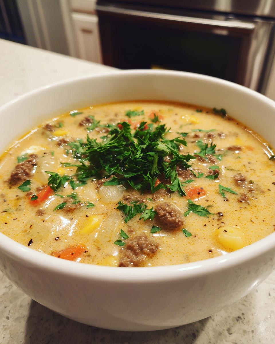 Close-up of a bowl of creamy Cheeseburger Soup, garnished with fresh parsley.