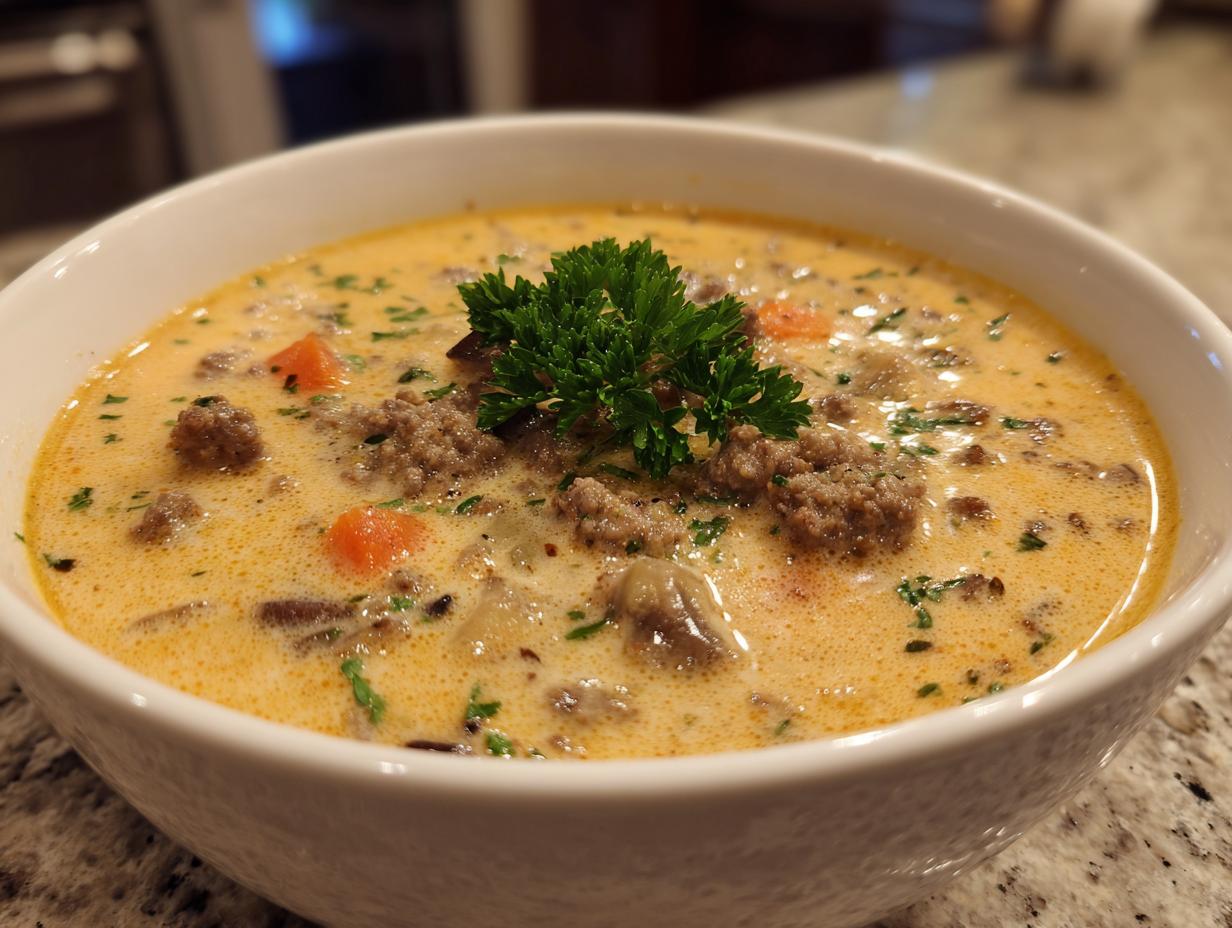 Close-up of a bowl of creamy Cheeseburger Soup, garnished with parsley.
