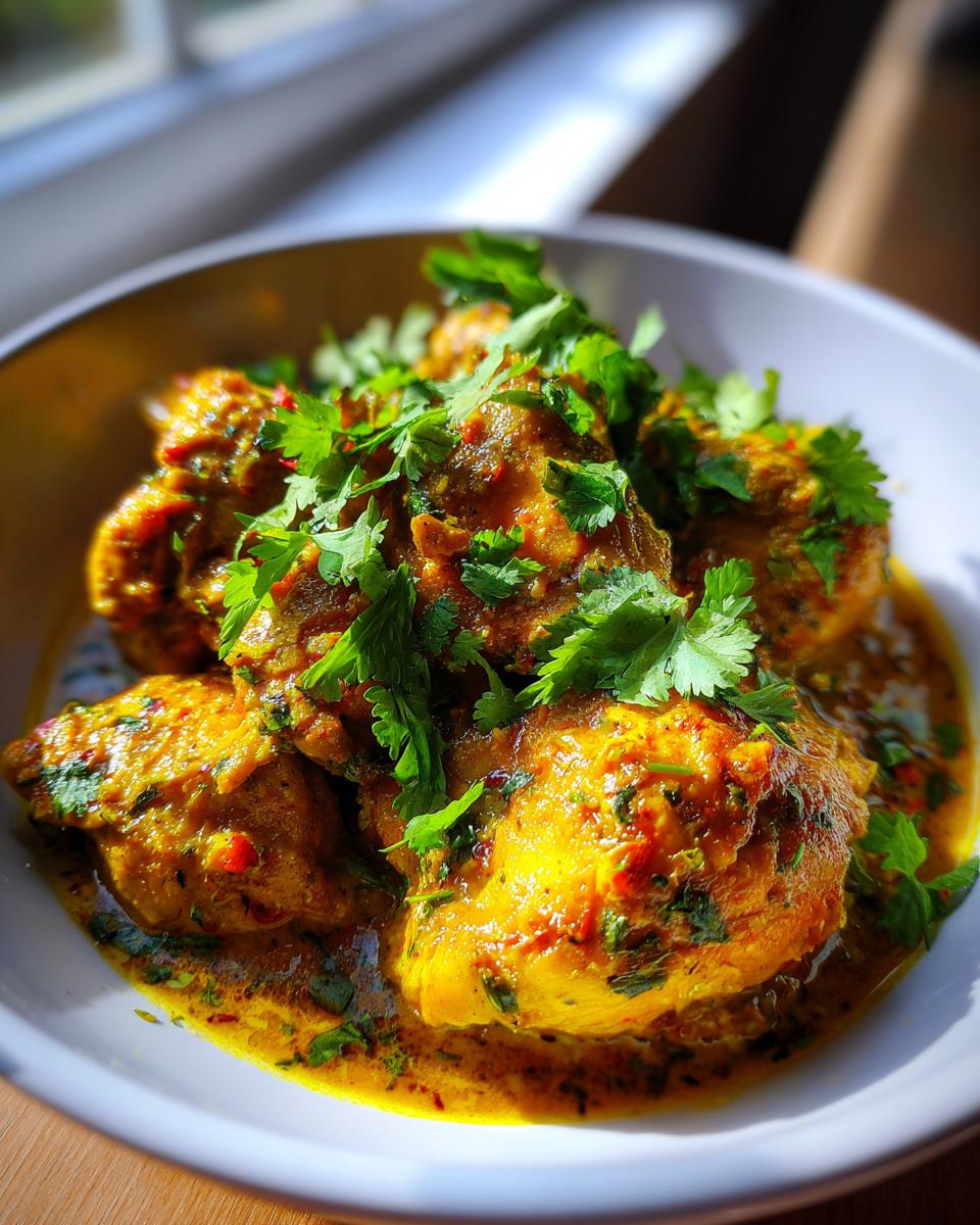 Close-up of Chicken Curry with Coconut Milk in a white bowl, garnished with fresh cilantro.