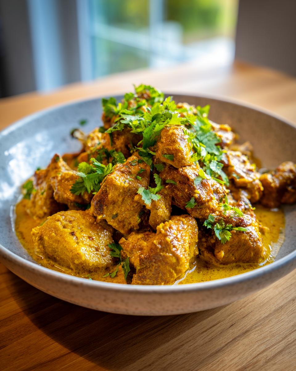 Close-up of Chicken Curry With Coconut Milk served in a bowl, garnished with fresh herbs.