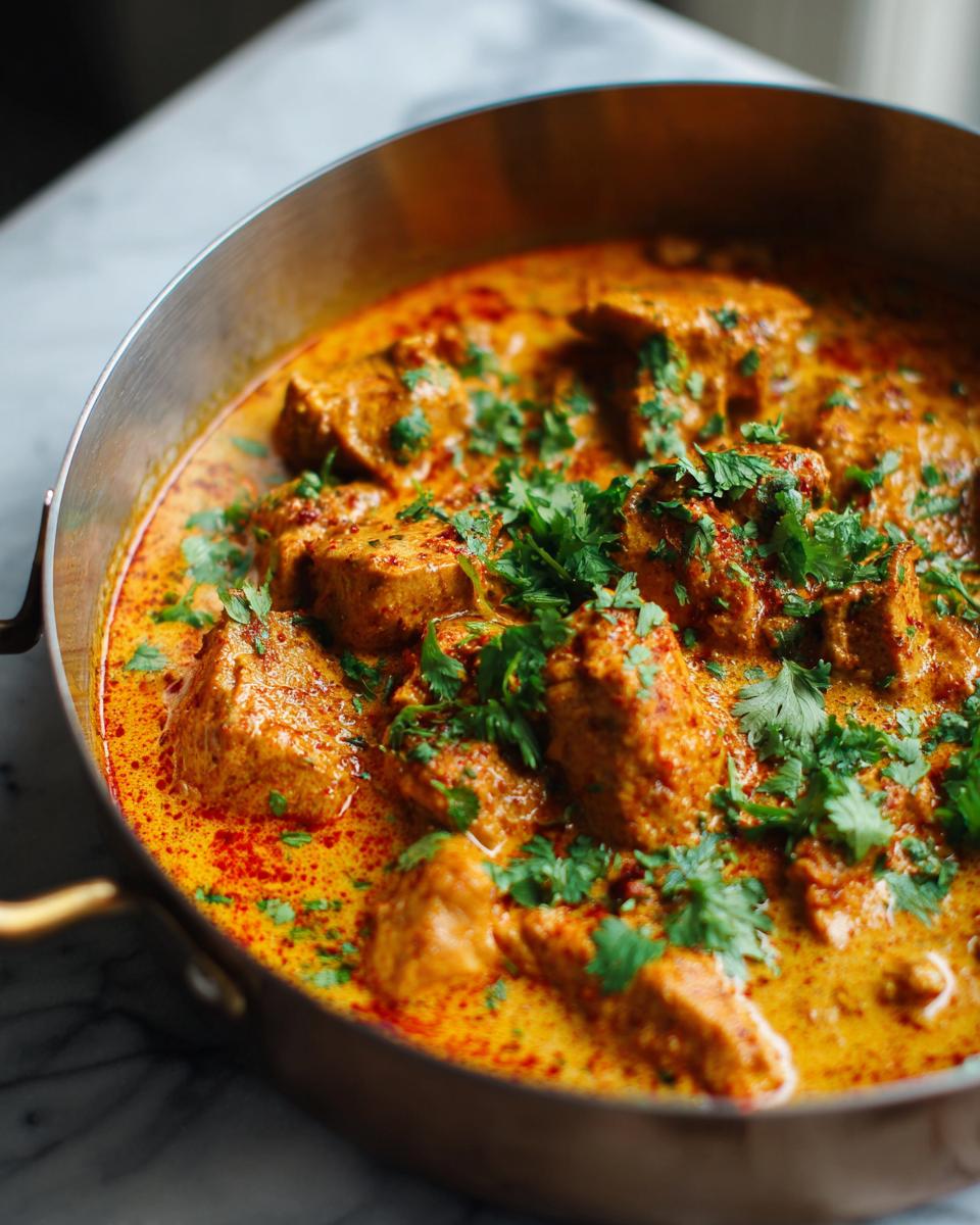 Close-up of Chicken Curry With Coconut Milk in a pan, garnished with fresh cilantro.