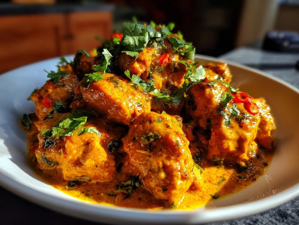 Close-up of Chicken Curry With Coconut Milk in a white bowl, garnished with cilantro.