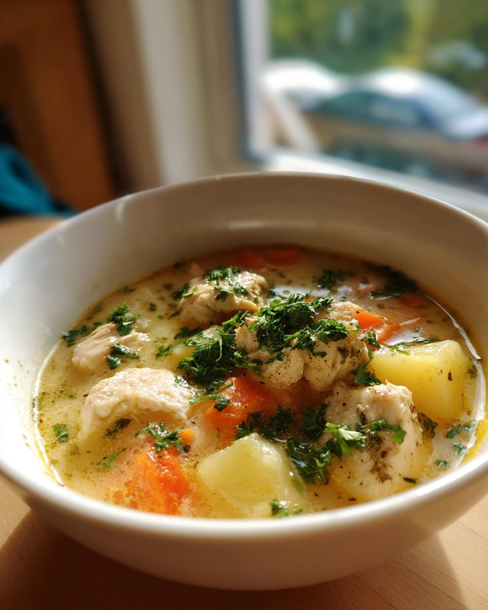 Close-up of a bowl of delicious Chicken Potato Soup with chicken, potatoes, carrots, and herbs.