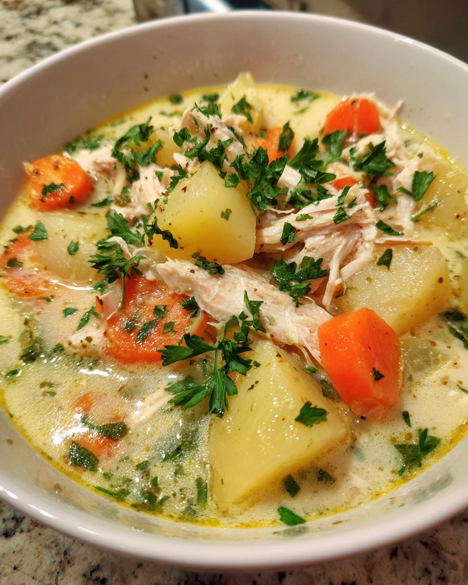 Close-up of a bowl of creamy Chicken Potato Soup with chicken, potatoes, carrots, and parsley.