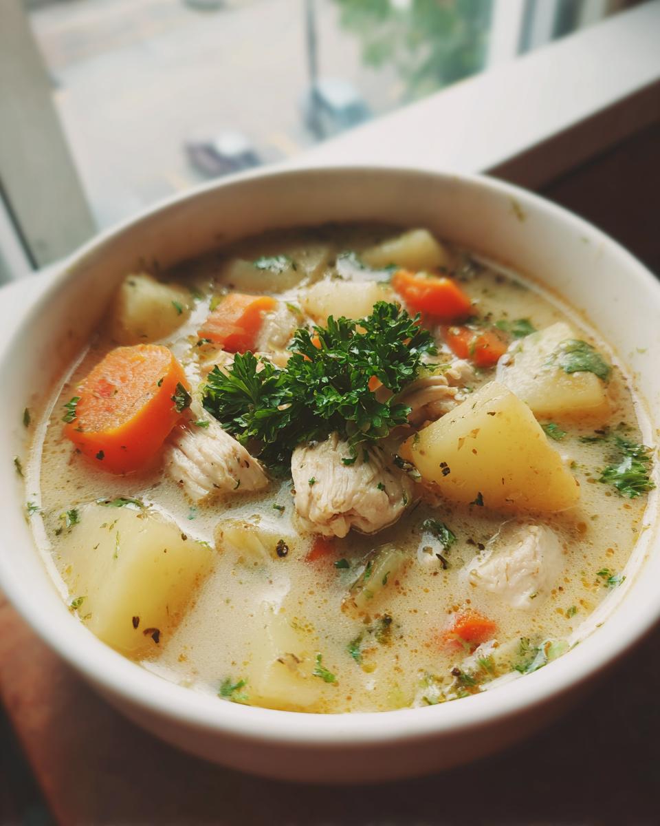 Close-up of a bowl of creamy Chicken Potato Soup with chicken, potatoes, and carrots.