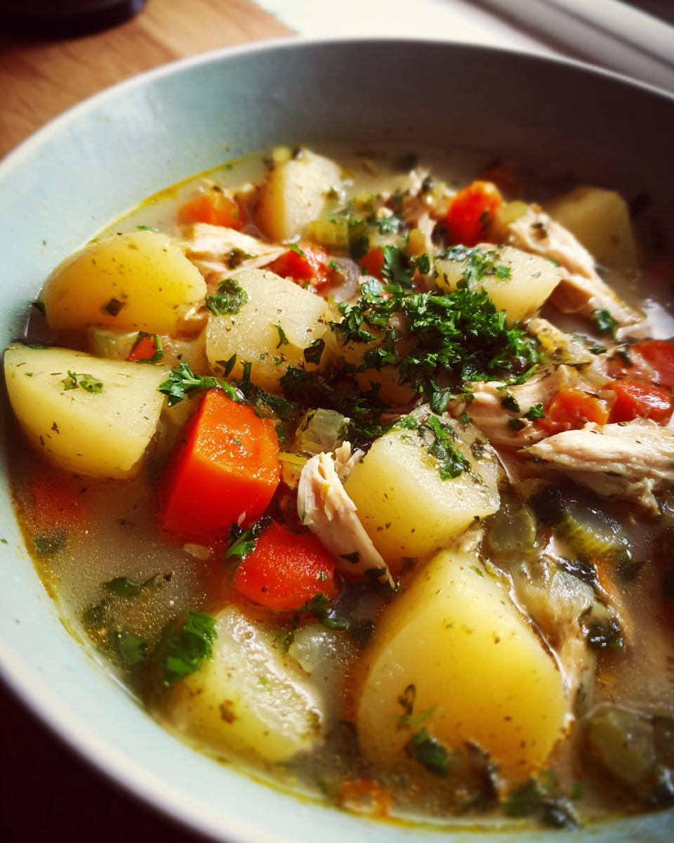 Close-up of a bowl of delicious Chicken Potato Soup with potatoes, carrots, and chicken.