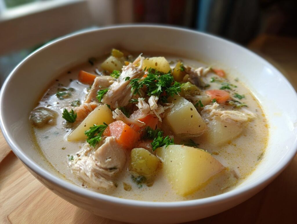 Close-up of a bowl of creamy Chicken Potato Soup with chicken, potatoes, carrots, and herbs.