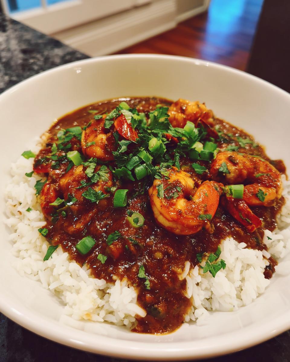 A bowl of Crawfish Etouffee served over fluffy white rice, garnished with herbs.