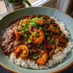 A bowl of Crawfish Etouffee served over white rice, garnished with green onions and parsley.