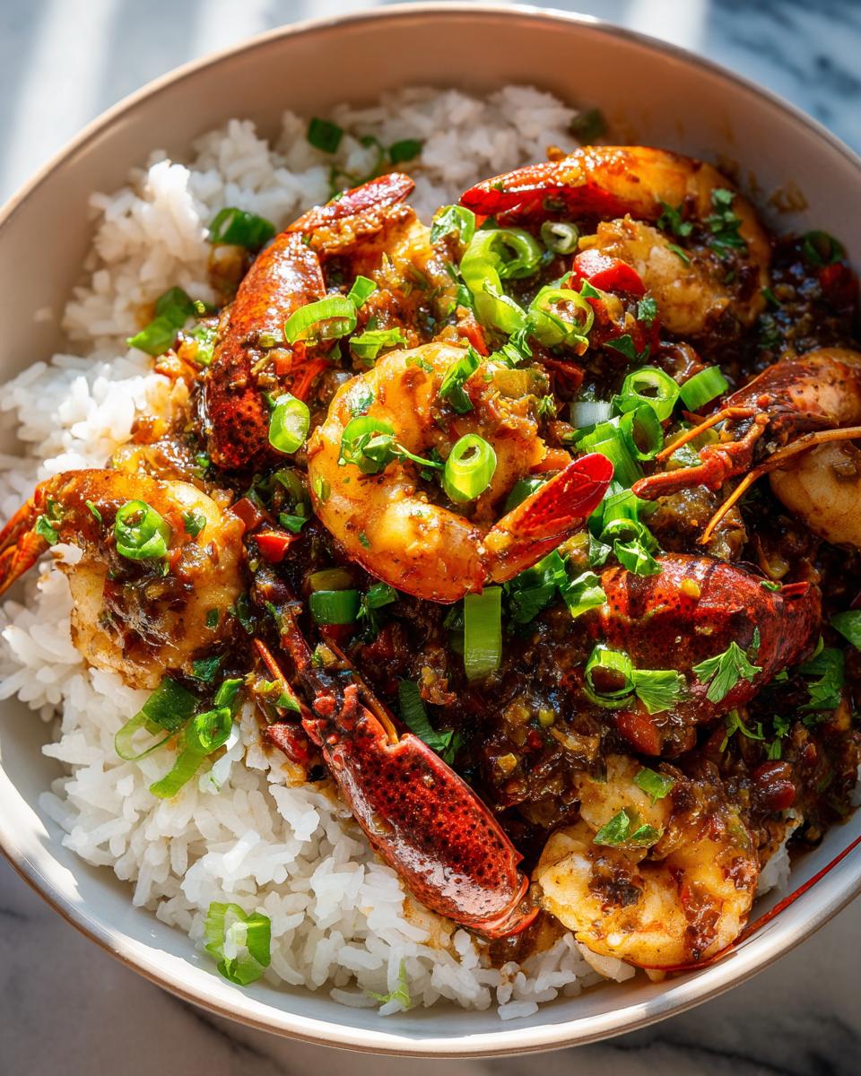 Glorious Crawfish Etouffee: A Rich Cajun Treat 3 Close-up of Crawfish Etouffee served over white rice, garnished with green onions. A flavorful Cajun dish.