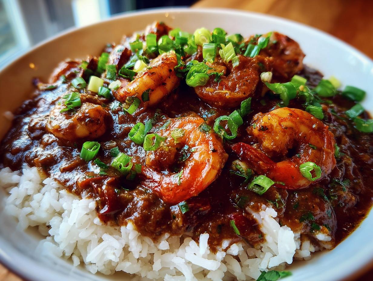 Close-up of a bowl of Crawfish Etouffee served over fluffy white rice, topped with green onions.