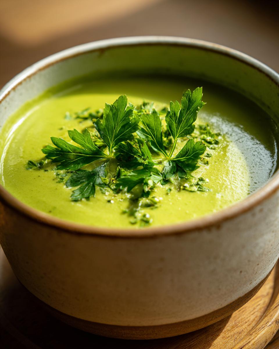 Close-up of a bowl of Cream of Asparagus Soup, garnished with fresh parsley.
