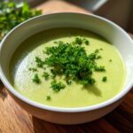A bowl of creamy Cream Of Asparagus Soup garnished with fresh parsley.