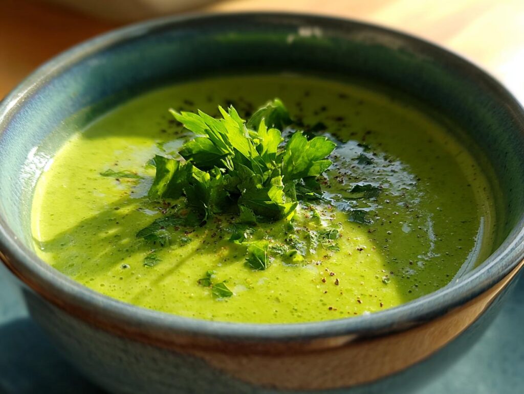 Close-up of a bowl of creamy asparagus soup, garnished with fresh parsley.