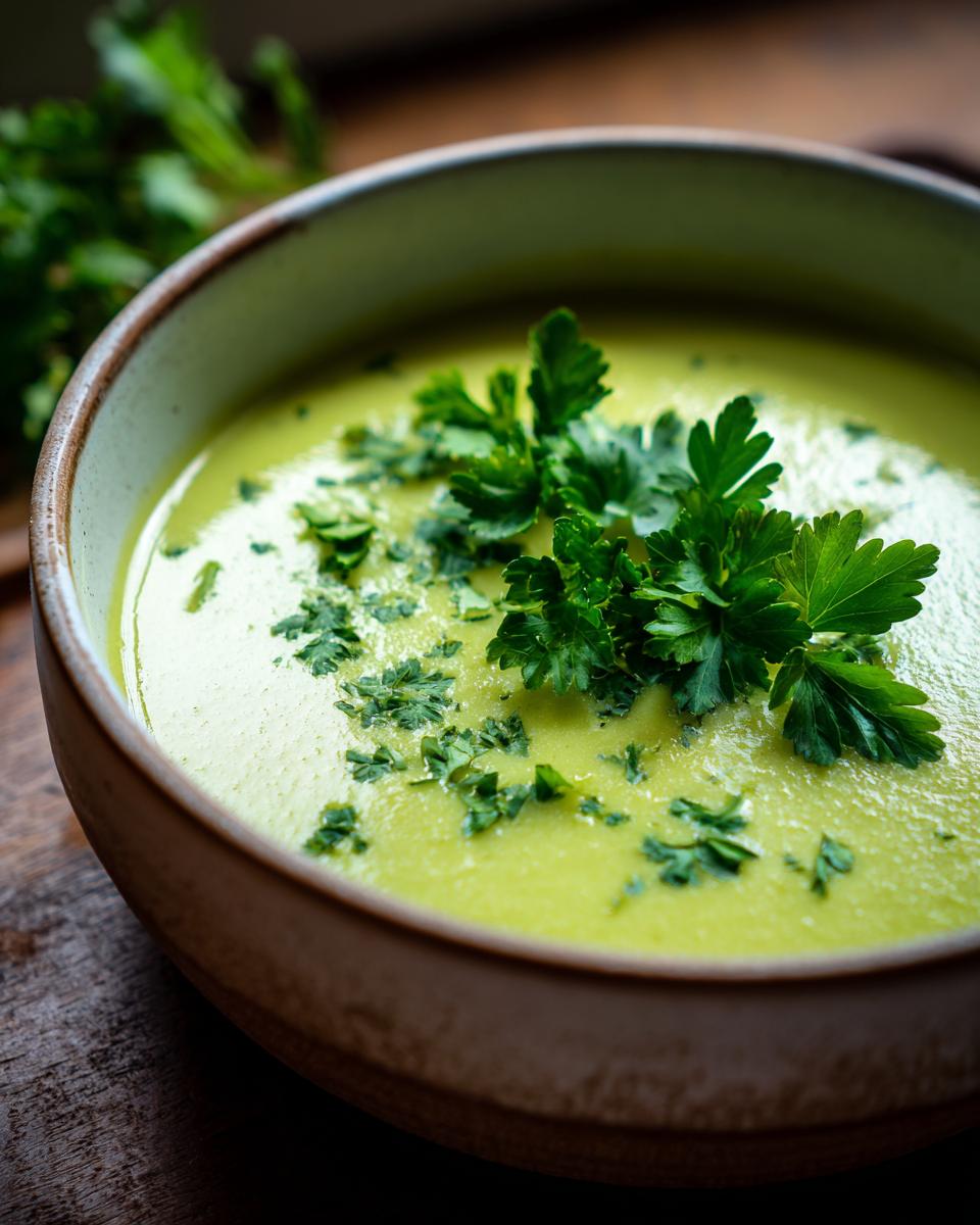 Close-up of a bowl of Cream of Asparagus Soup garnished with fresh parsley.