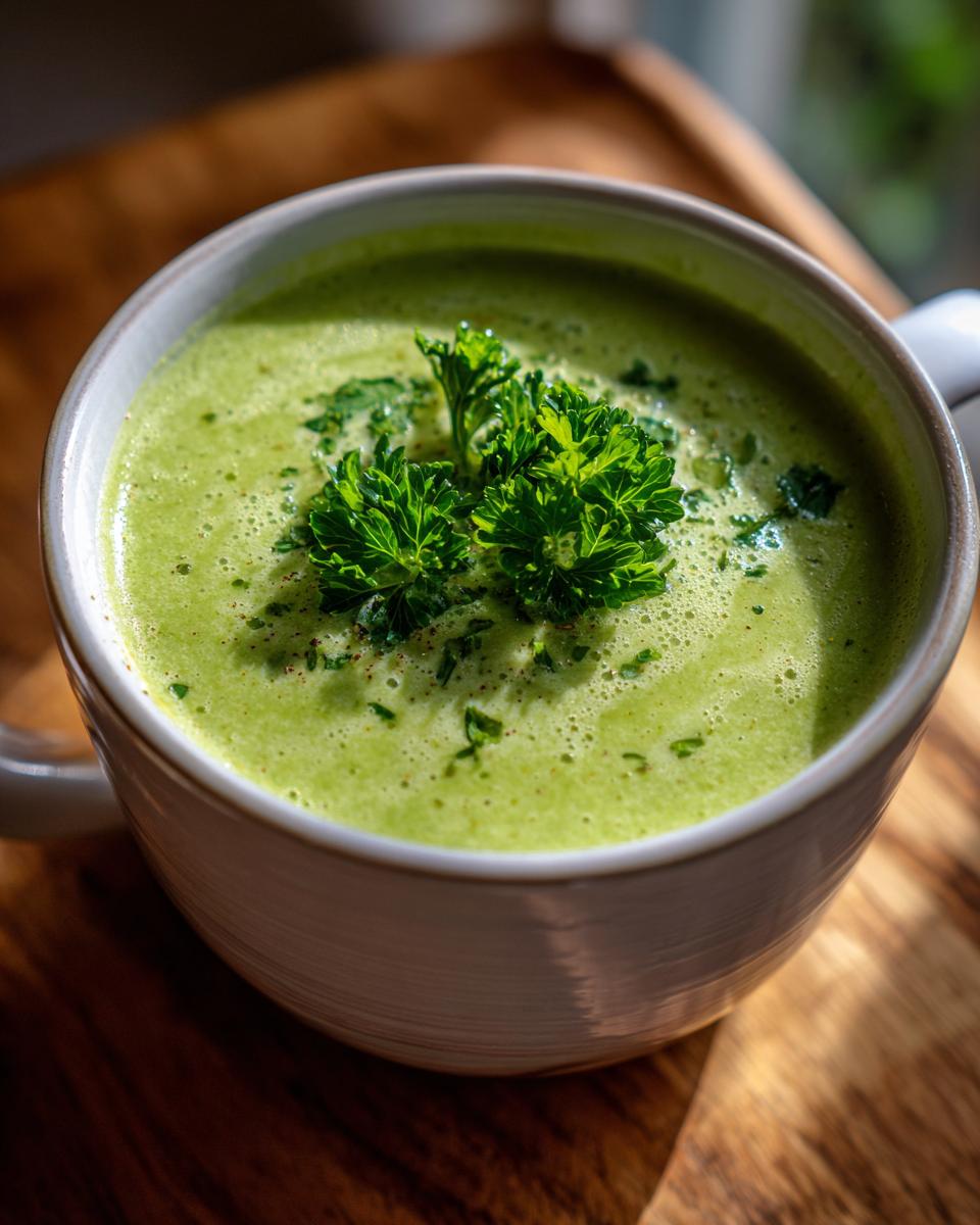 Close-up of a bowl of Cream Of Asparagus Soup, garnished with fresh parsley.