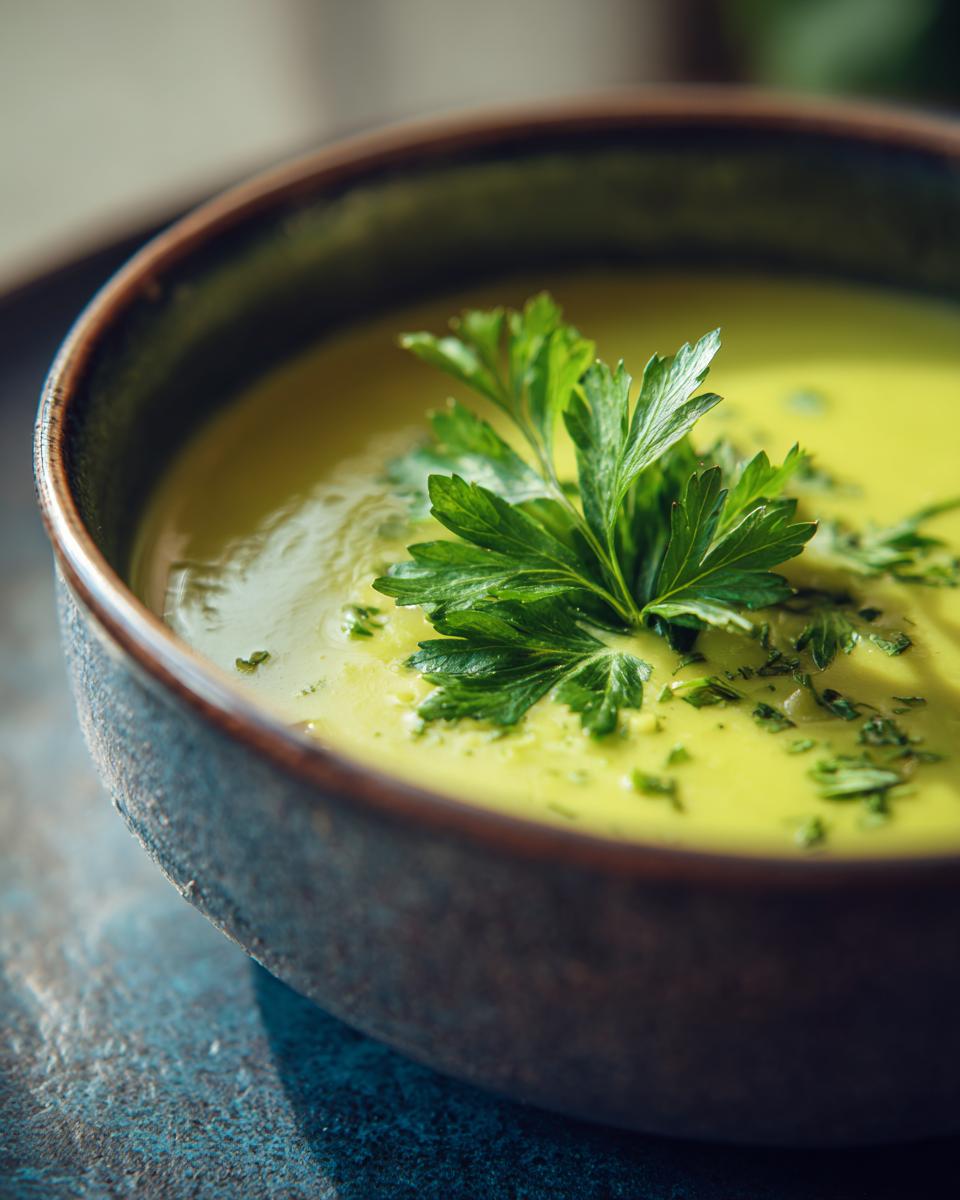 Close-up of a bowl of Cream of Asparagus Soup, garnished with fresh parsley.