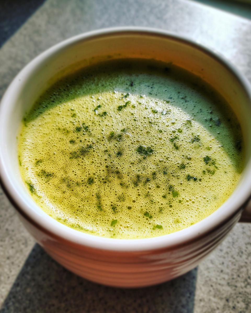 Close-up of a mug filled with creamy Cream Of Celery Soup, garnished with herbs.