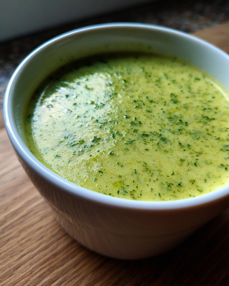 Close-up of a bowl of creamy celery soup, garnished with fresh herbs.