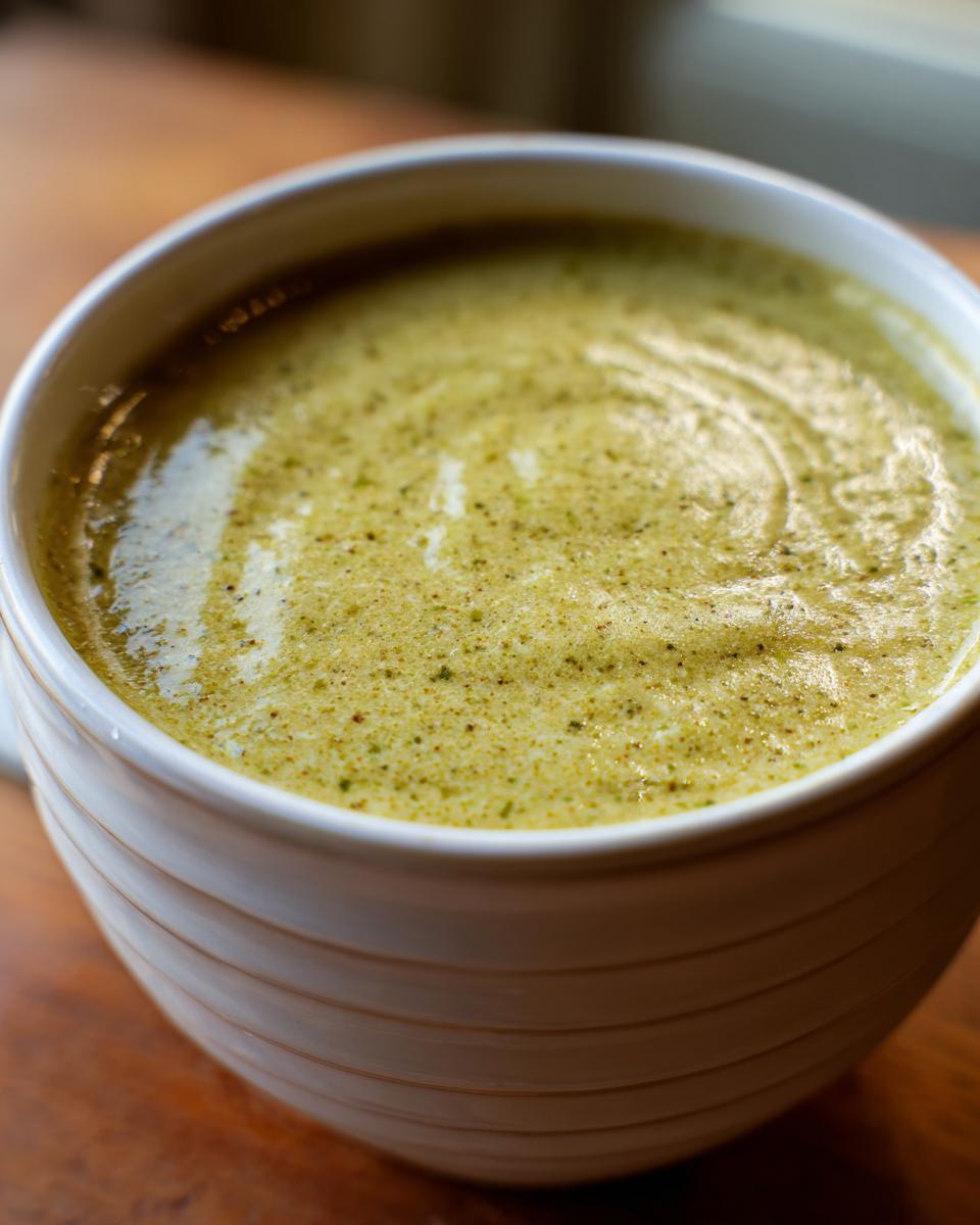Close-up of a bowl of creamy Cream Of Celery Soup, a comforting and flavorful dish.