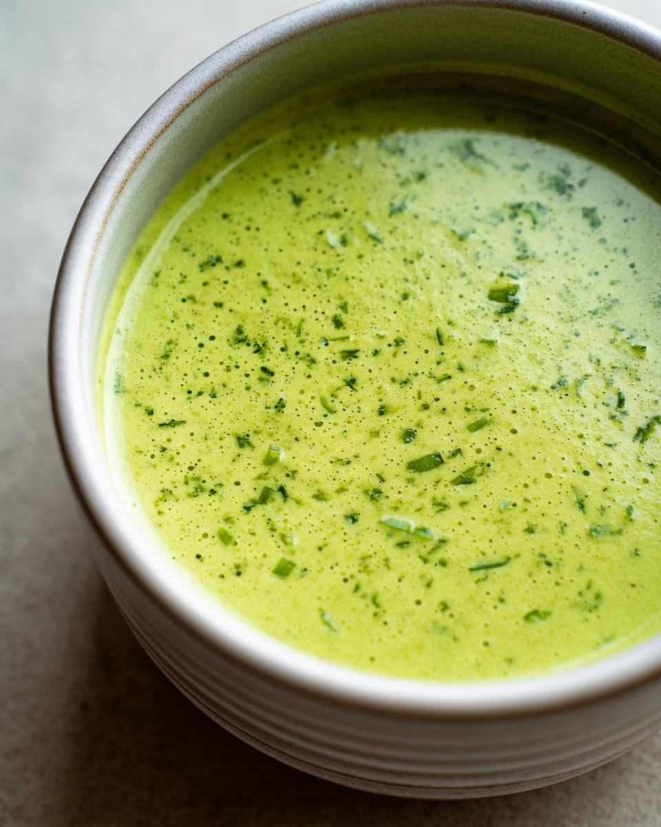Close-up of a bowl of creamy Cream Of Celery Soup, garnished with fresh herbs.