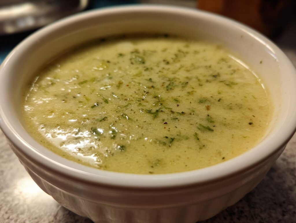 Close-up of a bowl of creamy Cream Of Celery Soup, garnished with herbs.