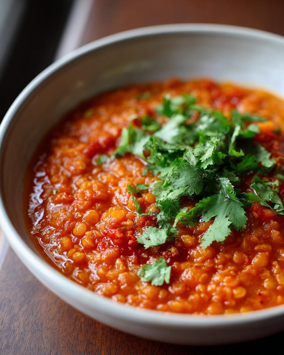 Close-up of a bowl of Dahl, a lentil-based dish, garnished with fresh cilantro.