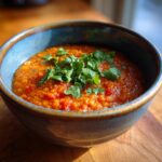 Close-up of a bowl of flavorful dahl, garnished with fresh cilantro, ready to eat.
