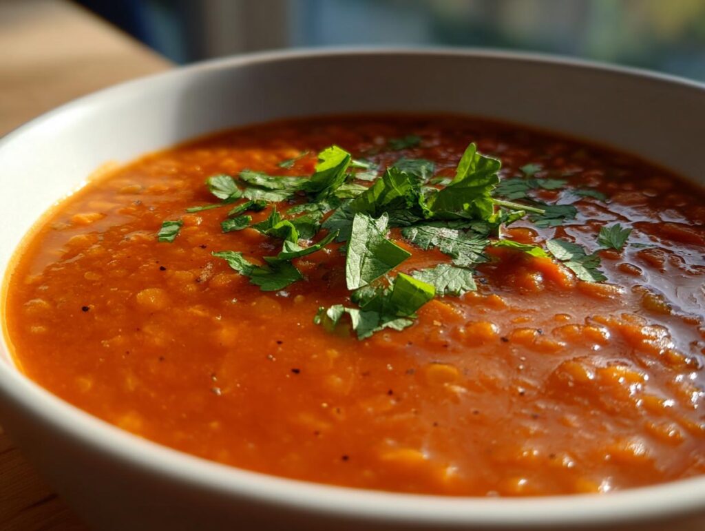Close-up of a bowl of Dahl, a lentil-based dish, garnished with fresh herbs.