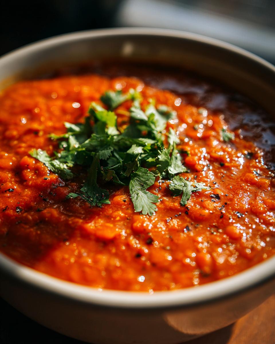Close-up of a bowl of Dahl, a flavorful Indian lentil stew, garnished with fresh cilantro.