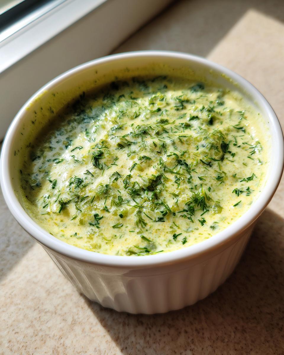 Amazing Dill Pickle Soup in 40 Minutes 2 Close-up of creamy Dill Pickle Soup garnished with fresh herbs in a white bowl, ready to eat.